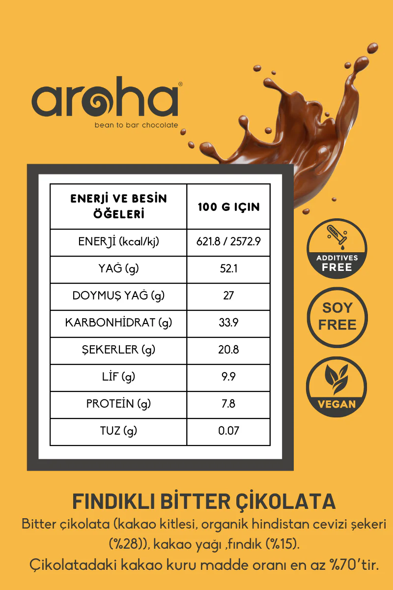 %70 Kakao Fındıklı Bitter Çikolata Organik Hindistan Cevizi Şekerli 40 g - Image 3