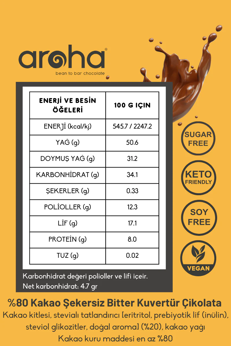 %80 Kakao Şekersiz Bitter Kuvertür Çikolata (Stevia ile tatlandırılmıştır) - 500 g - Image 4