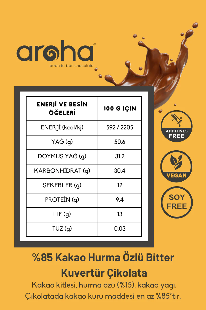 %85 Kakao Hurma Özlü Bitter Kuvertür Çikolata 500 g - Image 4